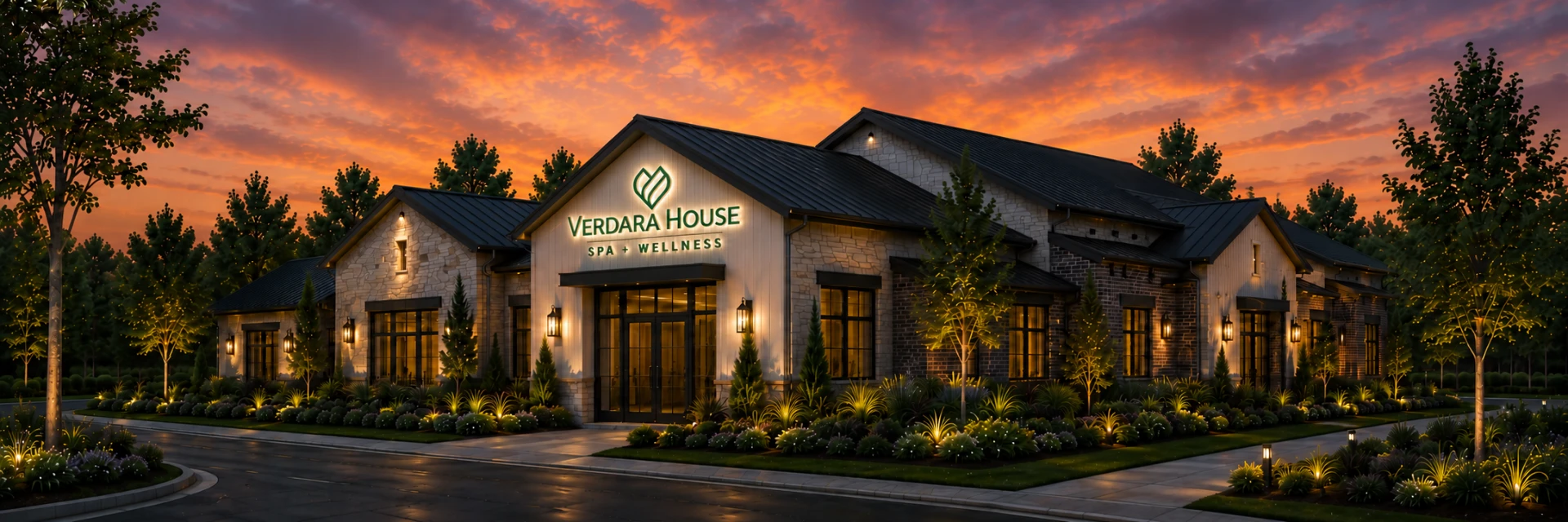 Verdara House spa and wellness building glowing at sunset