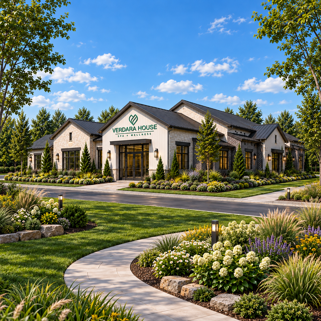 Verdara House Spa + Wellness on a bright day, framed by landscaped gardens